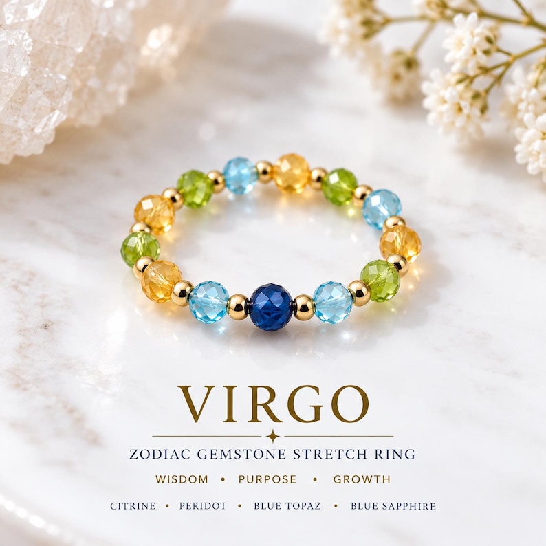 May include: A stretch ring featuring faceted beads in shades of blue, green, and yellow, accented with small gold-tone spheres. The text reads: VIRGO ZODIAC GEMSTONE STRETCH RING WISDOM PURPOSE GROWTH CITRINE PERIDOT BLUE TOPAZ BLUE SAPPHIRE.
