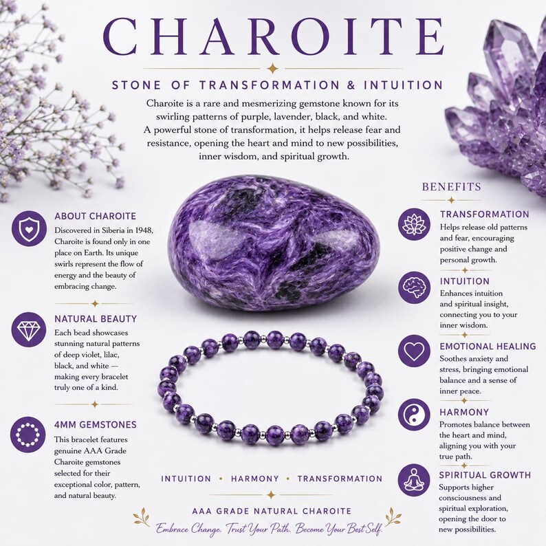 May include: A polished, oval-shaped purple charoite stone with black and white swirls, positioned above a beaded bracelet made of 4mm round purple charoite gemstones and small silver-toned spacers, set against an informational white background.