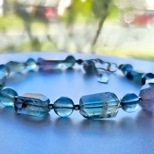 Chunky Blue Fluorite Bracelet for Women | Sterling Silver Clasp | Natural Crystal Healing Jewelry | Best Balance and Protection Gift for Her