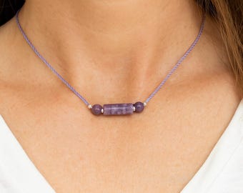 Lepidolite Silk Cord Necklace | Adjustable Choker |  Calming Crystal Necklace | Sterling Silver, Gold or Rose Gold | Handmade in Canada