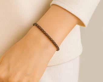 Dainty Smoky Quartz Beaded Bracelet 4mm Natural Gemstones | FREE Ring Included | Handmade to Order in Canada