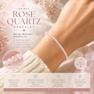 Pulsera de cuarzo rosa AAA / Pulsera delicada de piedra preciosa facetada de 4 mm / Anillo a juego GRATIS / Hecha a mano en Canadá / Cuarzo rosa natural auténtico