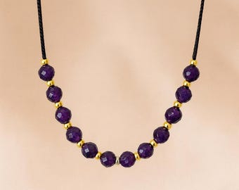 Amethyst Silk Cord Crystal Necklace - Dainty 4mm Faceted Gemstones, Sterling Silver, Rose Gold, Gold Filled Accents, Birthday Gift for Her