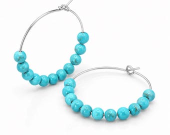 Turquoise & Silver 35mm Hoop Earrings, Blue Gemstone Earrings, Faceted Crystal Hoops, Minimalist Boho Jewelry Gift for Her