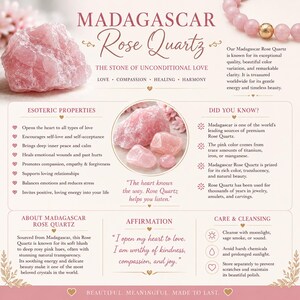 May include: An informational graphic about Madagascar Rose Quartz featuring a large raw pink crystal, a beaded bracelet, and smaller polished stones. The text details esoteric properties, care instructions, and facts about the stone's origin.