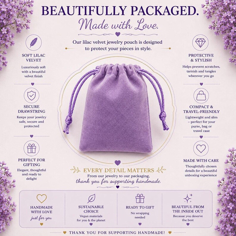 May include: A lilac velvet jewelry pouch with a matching drawstring closure. The pouch is centered on a light background surrounded by lilac floral accents and text detailing features like soft velvet, secure drawstring, and compact design.