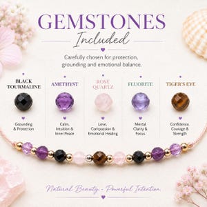 Empath Protection Bracelet, Silk Cord Crystal Bracelet, Black Tourmaline, Amethyst, Rose Quartz & Tiger's Eye, Gift for Her image 5