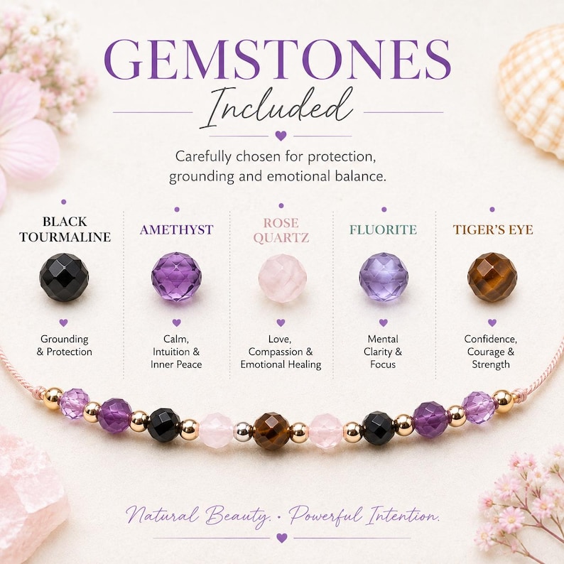 Empath Protection Bracelet, Silk Cord Crystal Bracelet, Black Tourmaline, Amethyst, Rose Quartz & Tiger's Eye, Gift for Her image 5