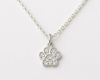 Sterling Silver Cat Paw Necklace – Dainty Paw Pendant, 20” +2” Extender, Cat Lover Gift, Pet Memorial Jewelry, Minimalist Cat Necklace, Pave