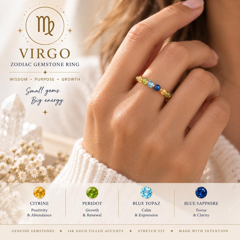 May include: A stretch ring featuring small, round, multi-colored gemstones including citrine, peridot, blue topaz, and blue sapphire, accented with gold-colored beads. The text reads VIRGO ZODIAC GEMSTONE RING, Small gems. Big energy., and lists gemstone properties.