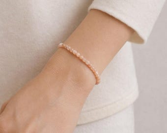 Peach Moonstone Beaded Dainty Stretch Bracelet | Quality Grade A 4mm Natural Gemstones | Handmade to Order in Canada