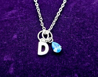 March Birthstone Necklace | Sterling Silver Aquamarine Crystal with Initial Charm | Dainty Jewelry Gift for Women & Girls