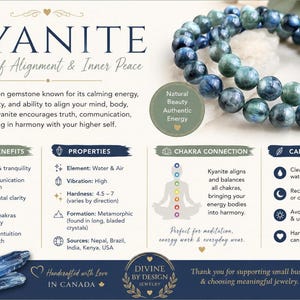 May include: An informational graphic about Kyanite featuring a blue beaded bracelet and raw blue crystal shards. The text details properties, chakra connections, and care instructions, including the title Kyanite Stone of Alignment & Inner Peace.