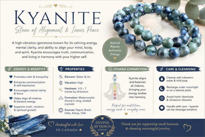 May include: An informational graphic about Kyanite featuring a blue beaded bracelet and raw blue crystal shards. The text details properties, chakra connections, and care instructions, including the title Kyanite Stone of Alignment & Inner Peace.