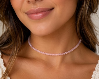 Rose Quartz Choker, Genuine Natural A+ 4mm Gemstones, 18K Gold Fill, Rose Gold or Sterling Silver, Dainty Soft Pink 14 in 16 in Necklace