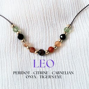 Dainty Leo Zodiac Crystal Necklace with 4mm Peridot Citrine Onyx Tiger’s Eye Carnelian, Unique Astrology Birthday Gift