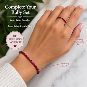 May include: A 4mm ruby bead bracelet and a 3mm ruby stretch ring. The bracelet features small deep red ruby beads with a single gold-toned bead. The ring consists of similar ruby beads and a gold-toned bead. Text includes Complete Your Ruby Set.