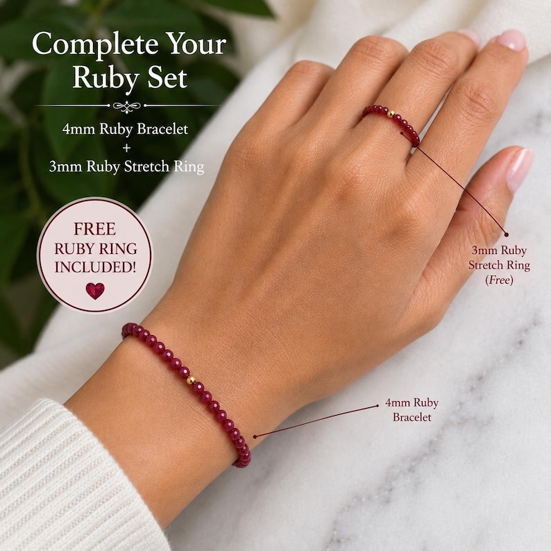 May include: A 4mm ruby bead bracelet and a 3mm ruby stretch ring. The bracelet features small deep red ruby beads with a single gold-toned bead. The ring consists of similar ruby beads and a gold-toned bead. Text includes Complete Your Ruby Set.