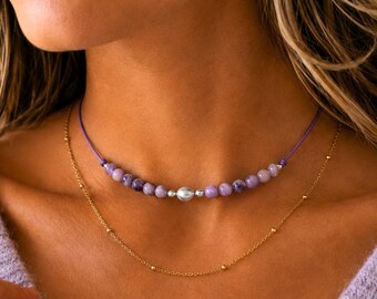 Genuine 3AAA Lepidolite Silk Cord Choker Necklace | Natural Gemstones on Pure Silk Cord | Adjustable Sterling Silver Necklace | Handmade