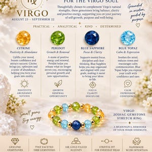 May include: A Virgo zodiac gemstone stretch ring featuring faceted citrine, peridot, blue sapphire, and blue topaz beads with 14k gold filled accents. The image includes text detailing the properties of these gemstones for the Virgo sign.