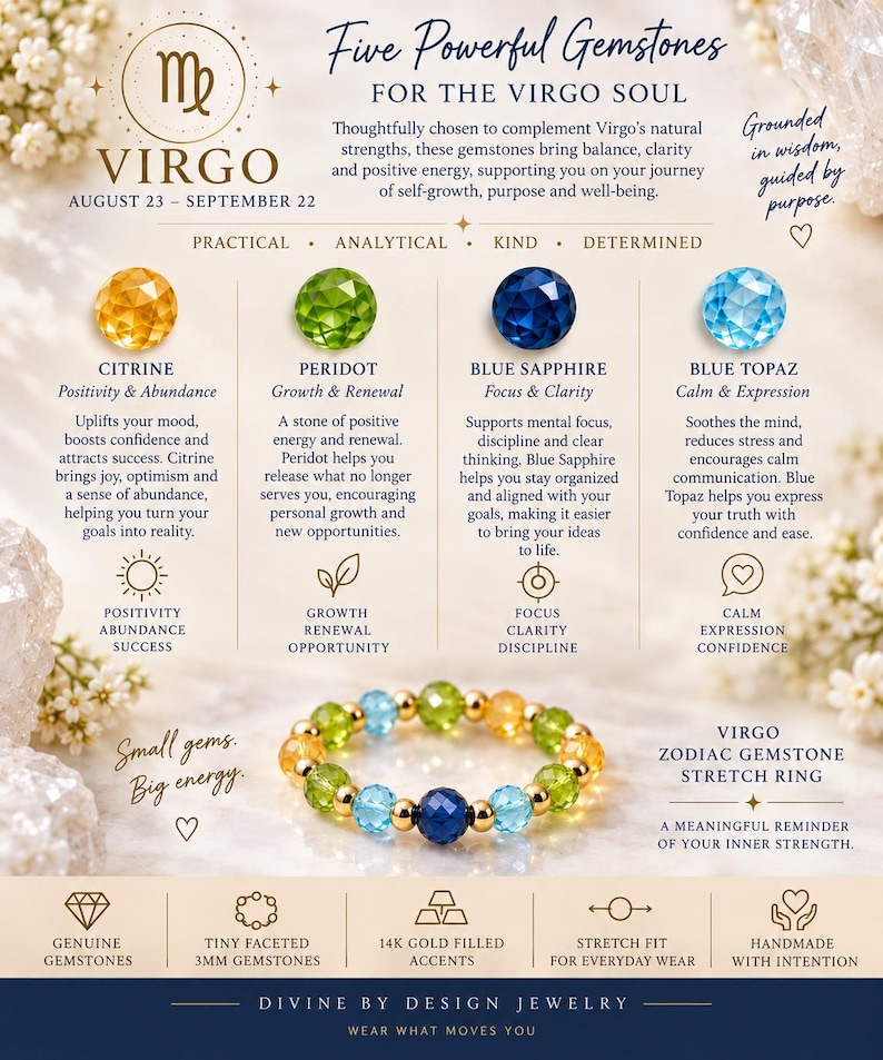 May include: A Virgo zodiac gemstone stretch ring featuring faceted citrine, peridot, blue sapphire, and blue topaz beads with 14k gold filled accents. The image includes text detailing the properties of these gemstones for the Virgo sign.