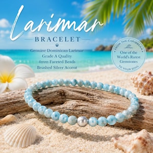 May include: A bracelet made of 4mm faceted light blue Larimar beads with a single brushed silver accent bead. The text on the image reads: Larimar BRACELET, Genuine Dominican Larimar, Grade A Quality, 4mm Faceted Beads, Brushed Silver Accent, FROM THE CARIBBEAN, One of the World's Rarest Gemstones, TO YOUR SOUL.