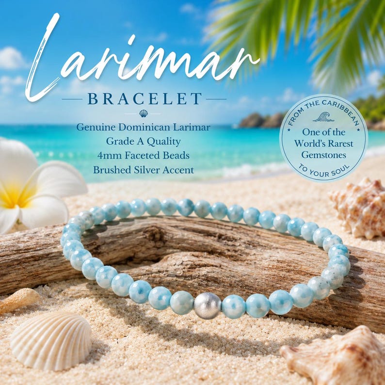 May include: A bracelet made of 4mm faceted light blue Larimar beads with a single brushed silver accent bead. The text on the image reads: Larimar BRACELET, Genuine Dominican Larimar, Grade A Quality, 4mm Faceted Beads, Brushed Silver Accent, FROM THE CARIBBEAN, One of the World's Rarest Gemstones, TO YOUR SOUL.