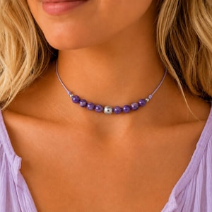 5A Grade Charoite Silk Cord Choker Necklace | Genuine Charoite Gemstones | Adjustable Minimalist Gemstone Choker | Handmade in Canada bild 1