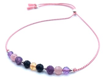 Dainty Anxiety Relief Bracelet, Rose Quartz, Black Tourmaline, Citrine, Amethyst, Lepidolite, Silver or Gold, Silk Cord Healing Jewelry Gift