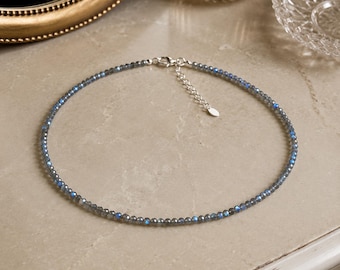 AAA Labradorite Choker Necklace | Electric Blue Flash Labradorite | Faceted Gemstone Choker | Sterling Silver Necklace | 14 16 inches