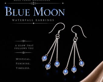 Pendientes de cascada de piedra lunar azul brillante, pendientes de piedra lunar arcoíris 8A, pendientes colgantes de plata de ley, joyería celestial, regalo de piedra lunar