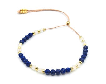 Lapis Lazuli & Moonstone Bracelet for Women, Sterling Silver, Rose Gold or Gold Filled Accents, Adjustable Silk Cord Gift for Her