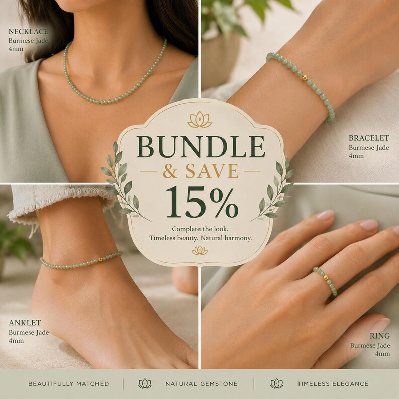 May include: A jewelry set featuring 4mm Burmese jade beads. The collection includes a necklace, a bracelet, an anklet, and a ring, each accented with a single gold-toned bead. The central text reads BUNDLE & SAVE 15% Complete the look. Timeless beauty. Natural harmony.
