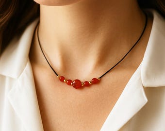 Carnelian Necklace – Dainty Minimalist Crystal Jewelry, Handmade Silk Cord Necklace with Genuine Carnelian Gemstones, Gift for Her