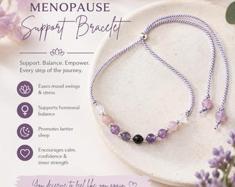 Crystal Healing Bracelet for Menopause | Silk Cord Jewelry | Black Tourmaline. Amethyst, Lepidolite. Rose Quzrtz & Moonstone Gift for Her
