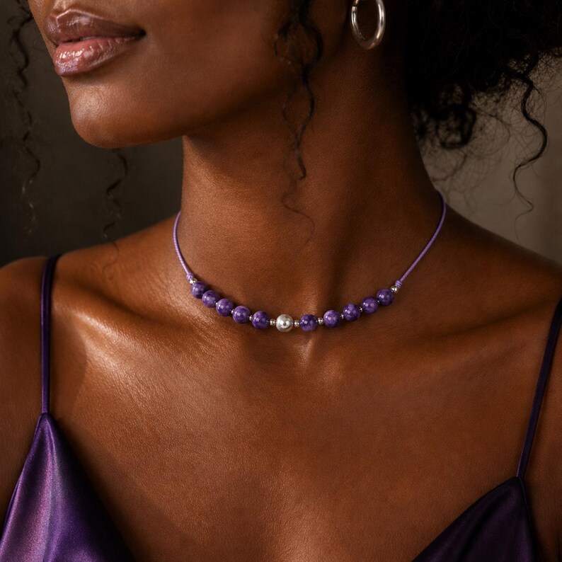 5A Grade Charoite Silk Cord Choker Necklace | Genuine Charoite Gemstones | Adjustable Minimalist Gemstone Choker | Handmade in Canada bild 4