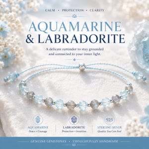 Aquamarine & Labradorite Bracelet for Women - Dainty 4mm Crystals on Adjustable Silk Cord, Gold Filled, Rose Gold or Sterling Silver Gift image 1