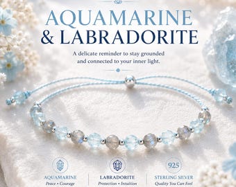 Aquamarine & Labradorite Bracelet for Women - Dainty 4mm Crystals on Adjustable Silk Cord, Gold Filled, Rose Gold or Sterling Silver Gift