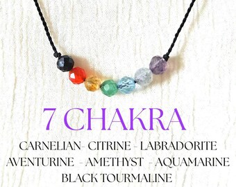 7 Chakra Silk Cord Crystal Choker Necklace Dainty 4mm Real Rainbow Gemstones Sterling Silver Rose Gold or Gold Filled Gift for Her