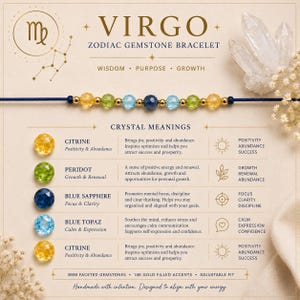 May include: A Virgo zodiac gemstone bracelet featuring 3mm faceted citrine, peridot, blue sapphire, and blue topaz beads with 14k gold-filled accents on a blue cord. The display card lists crystal meanings and properties for each gemstone type.