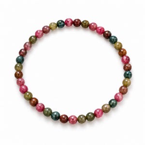 May include: A circular beaded bracelet composed of small, round, faceted stones in a variety of colors including shades of pink, deep red, olive green, and dark teal. The beads are strung together in a repeating pattern to form a continuous loop.