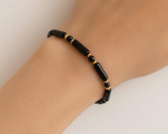Pulsera protectora de turmalina negra / Pulsera de piedras preciosas auténticas para hombres y mujeres / Pulsera elástica chapada en oro