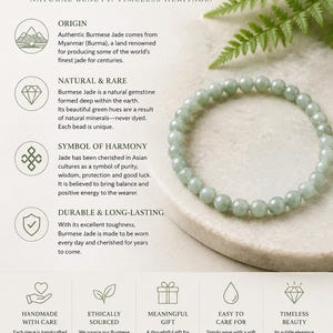 May include: A circular bracelet made of smooth, light green Burmese jade beads. The image includes text detailing the origin, natural properties, and care instructions for the gemstone, alongside icons representing quality, ethics, and gift-giving.