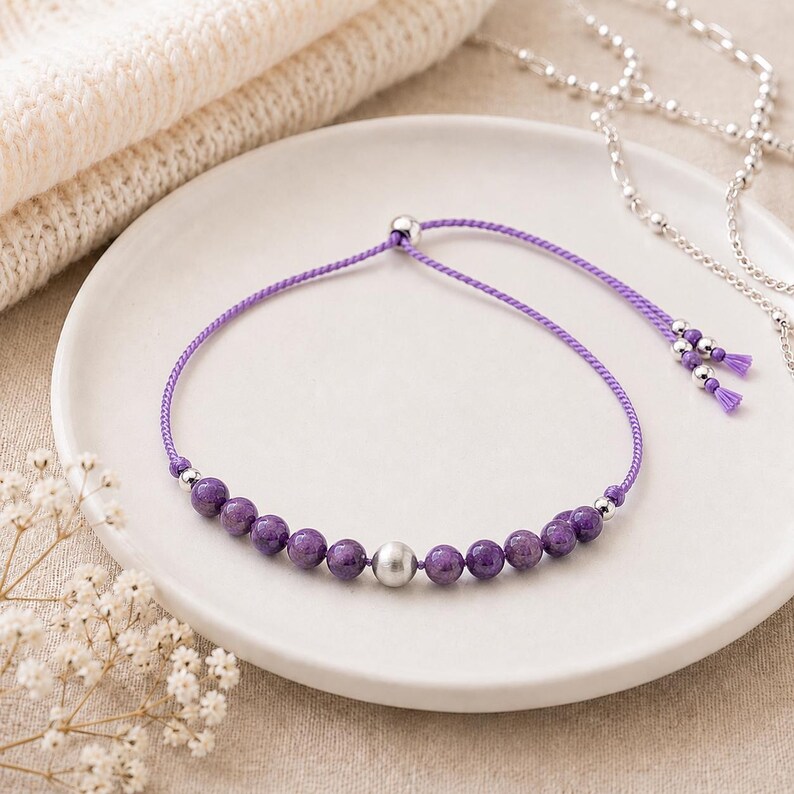 5A Grade Charoite Silk Cord Choker Necklace | Genuine Charoite Gemstones | Adjustable Minimalist Gemstone Choker | Handmade in Canada bild 3