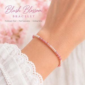 Blush Blossom - Sierlijke armband met roze toermalijn en parels - Echte natuurlijke edelstenen en sterling zilver - Geboortesteen van oktober afbeelding 2