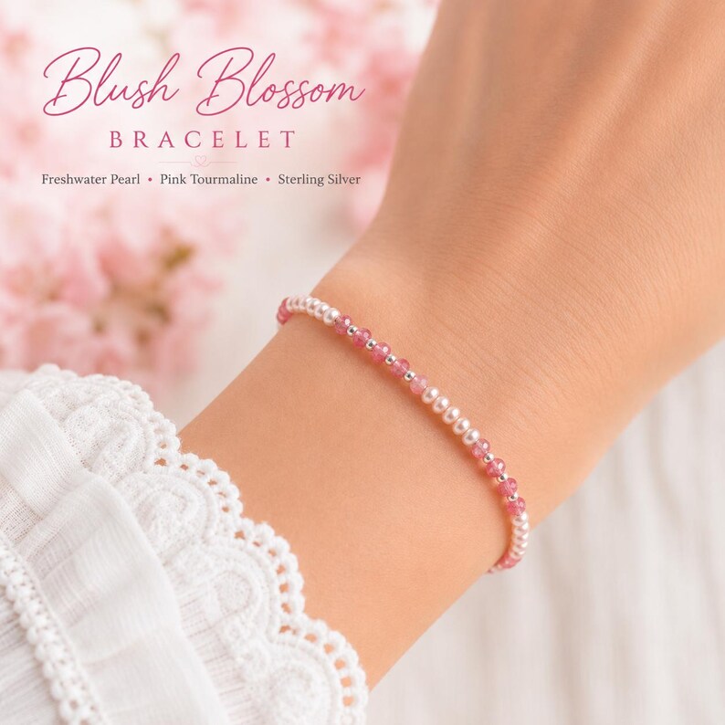 Blush Blossom - Sierlijke armband met roze toermalijn en parels - Echte natuurlijke edelstenen en sterling zilver - Geboortesteen van oktober afbeelding 2
