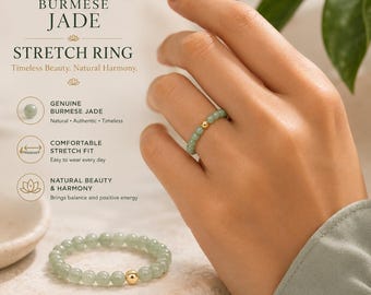 Burmese Jade Stretch Ring – Genuine Burmese Jade Ring – Green Jade Gemstone Ring – Handmade Stretch Ring for Women