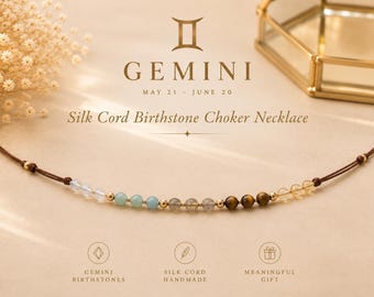 Gemini Choker Necklace, Gemini Birthstone Necklace, Zodiac Jewelry, Astrology Gift, Moonstone Aquamarine Labradorite Citrine Tiger Eye