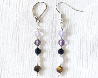 Empath Protection Earrings, Dainty 4mm Black Tourmaline Rose Quartz Tigers Eye Amethyst Fluorite Crystals on Gold Filled or Silver Earwires