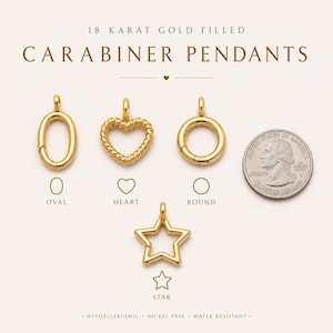 May include: 18 carat gold filled carabiner pendants in oval, heart, round, and star shapes. A US quarter coin is included for scale. Each pendant features a functional clasp mechanism. The text reads 18 KARAT GOLD FILLED CARABINER PENDANTS, OVAL, HEART, ROUND, STAR, HYPOALLERGENIC, NICKEL FREE, WATER RESISTANT.